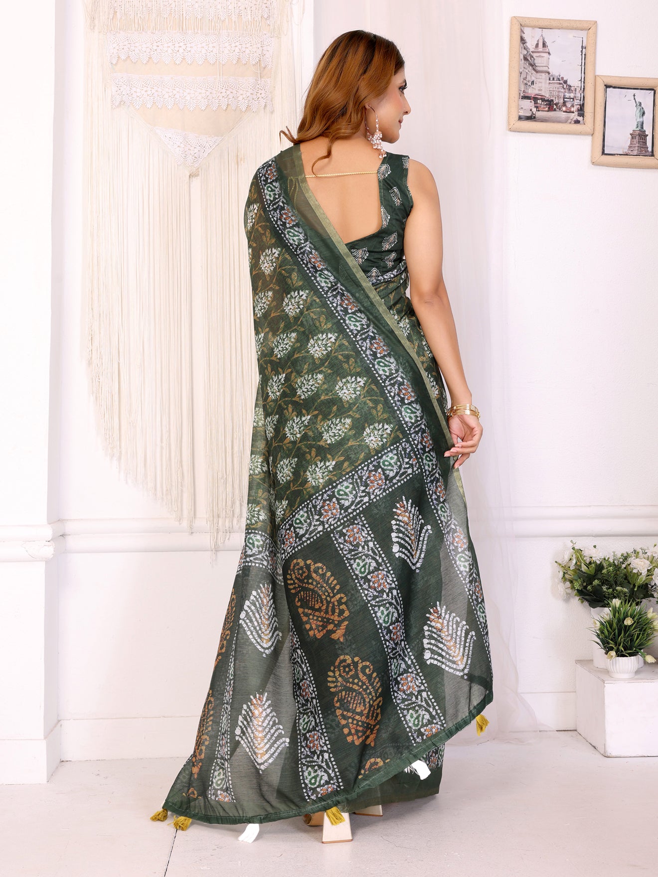 Elegant Deep Olive Green Chanderi Saree with Digital Floral Print | Soft Pastel Multicolor Accents  | Lightweight Designer Saree with Matching Blouse Piece โ 5.5 Meters